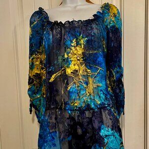 CACHE Size S Stretchy Neck or Off Shoulder Top Bright Blue and Gold Color